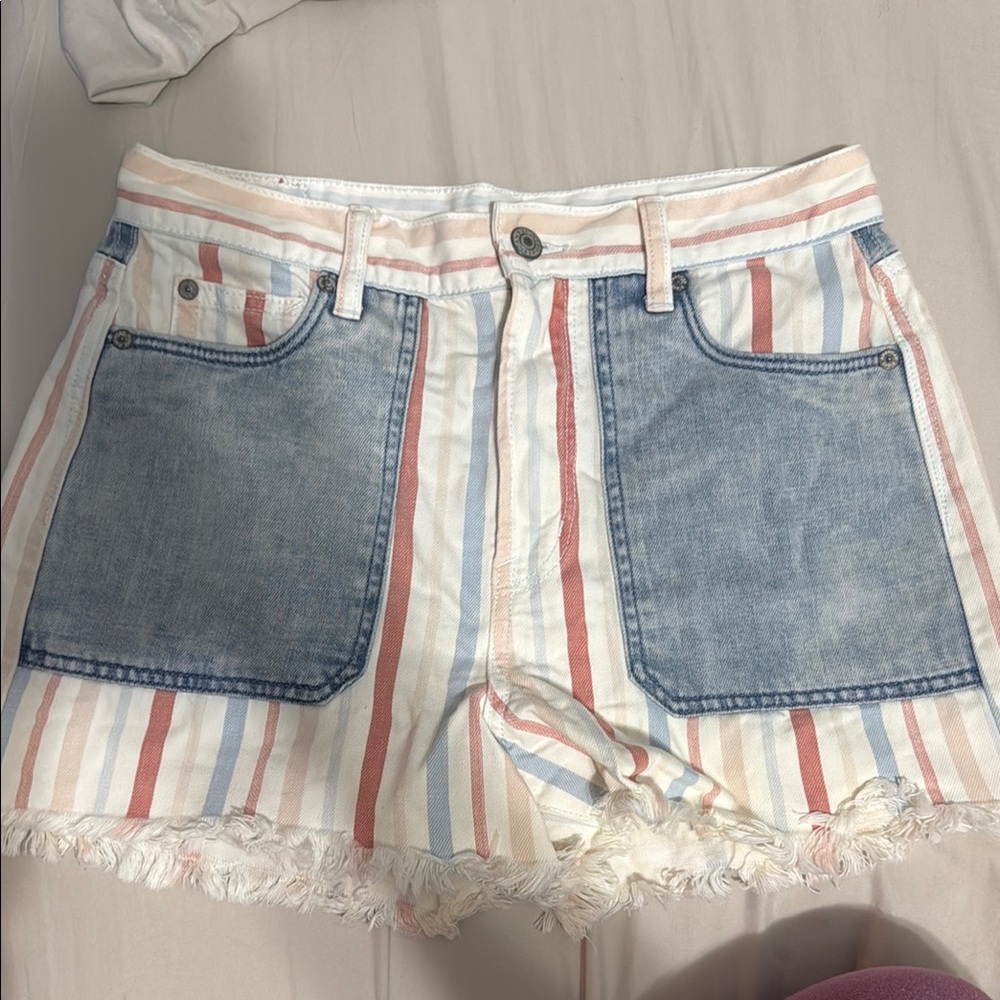 American Eagle Outfitters Blue and White Jean Shorts High-Waisted

Size 4
